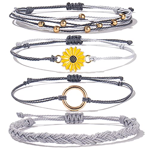 Image of Stackable Sunflower String Bracelets Cute Boho Braided Summer Beach Jewelry