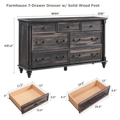 T4TREAM Farmhouse 7 Drawers Dresser Chests for Bedroom w/4 Solid Wood Feet & Column Design, Tall Wide Wooden Rustic Chest of Drawers, Storage Dressers for Bedroom, Living Room, Dark Rustic Oak