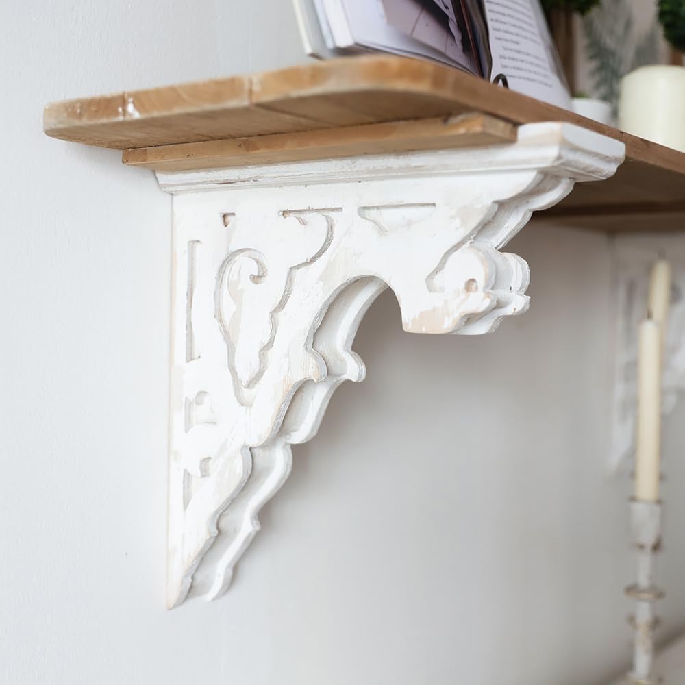 Set of 2 Corbels for Shelves Wood Corbels Decorative,L10.63 x W3.15 x H11.22 Inch, Shelf Brackets Wooden Vintage Shelf Farmhouse Decor(White)