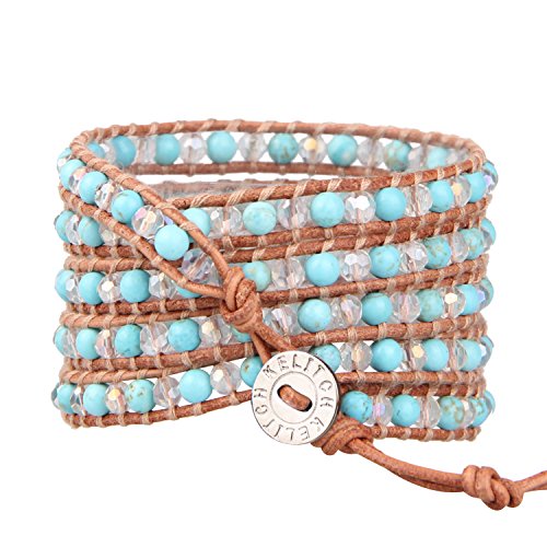 KELITCH Azul Turquesa Y Cristal Abalorios 5 Pulsera Del Abrigo Cuero Pulsera