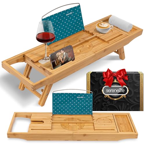 SereneLife Bamboo Bath Caddy Tray – Expandable Non-Slip, Wine Glass Holder, Tablet Stand & Book Slot, Foldable Design with Backrest for Spa, Relaxation & Home Décor