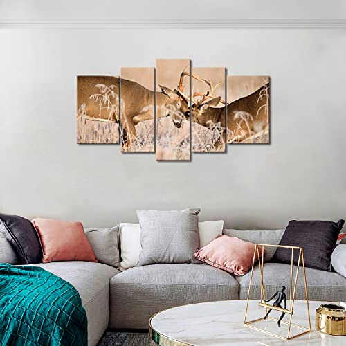 5 Panel Wall Art White Tailed Deer Bucks Sparring Painting Pictures Print On Canvas Animal The Picture For Home Modern Decoration Piece (Stretched By Wooden Frame,Ready To Hang) #TOP2