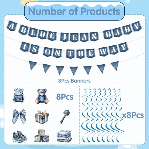 Image of Blue Jean Baby Shower Decorations - 11 Pcs a Blue Jean Baby is on The Way Banner Hanging Swirls Party Decorations, Denim Cloth Bear Baby Shower Decor Supplies for Kids Boys