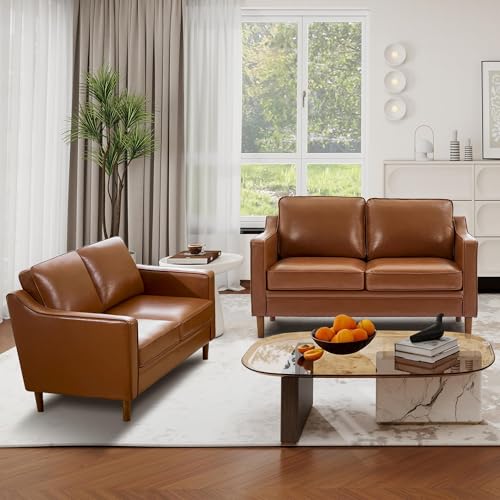 Image of Kingfun 60 inch Faux Leather Sofa, Loveseat Couch, Mid Century Modern Love Seat Couches with Solid Wood Frame for Living Room Bedroom