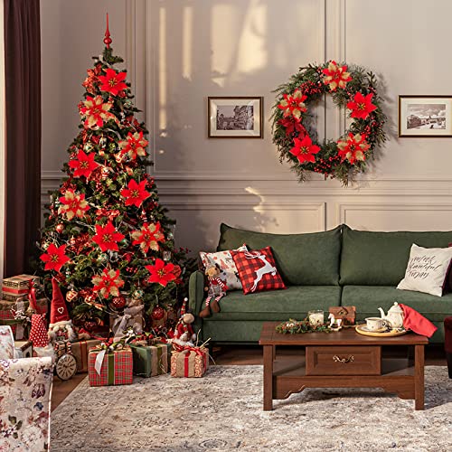 Binduo 25Pcs Poinsettia Christams Decorations 5.12 Inch Christmas Flower Two Styles With Clips And Stems Glitter Silk Poinsettia Christmas Tree Decorations Stairs Window Wreath (Red And Gold) #TOP2