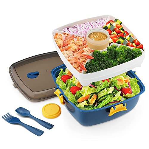 reamhome Recipiente de Almuerzo de Ensaladas para Llevar, Ensaladera con Bandeja Estilo Bento de 5 Compartimentos, Tenedor Cuchara Reutilizable y Recipiente para Salsas Azul
