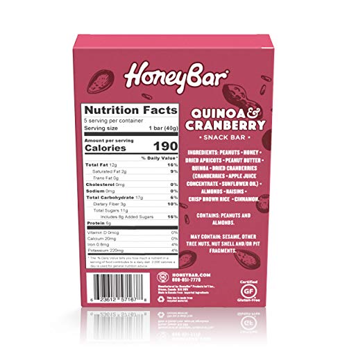 HoneyBar Snack Bar | Certified Gluten Free | Non-GMO | Vegetarian (Quinoa & Cranberry, Pack of 5 Bars) - Thumbnail 2