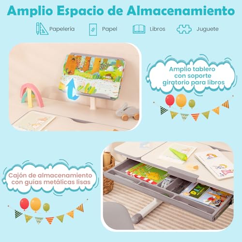 COSTWAY Escritorio Infantil Ajustable en Altura con Tablero Inclinable y Soporte para Libros, Cajón y Regla, Mesa Ergonómica para Niños para Escribir, Dibujar, Leer para Hogar Escuela(Mesa, Gris) - imagen 6