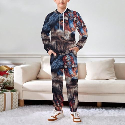 Boys Girls Pullover Hoodie Jogger Pants Kid Outfit Sweatshirt Sweatpants Set, Native American Wolf Spirit3