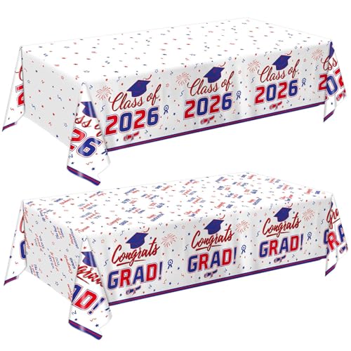 Image of Oigco 2026 Graduation Decorations, 2 Pack Red and Blue Graduation Tablecloths Class of 2026, Congrats Grad Plastic Rectangle Table Cloths for Graduation Party Decorations, 54 x 108 Inch
