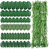 XunYee 110 Pcs Artificial Vines Greenery Garland and Monstera Palm Leaves Decoration Set, Fake Wicker Rattan Vines Tropical Faux Leaves Bulk for Jungle Safari Baby Shower Plant Party Decoration