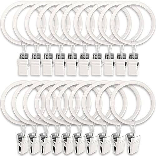 Image of LLPJS 20 Pack Metal Curtain Rings with Clips, Curtain Clip Rings Hooks for Hanging Drapery Drapes Bows, Curtain Rod Rings 1.5 inch Interior Diameter, White
