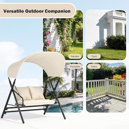 Image of AECOJOY Outdoor Porch Swings for Adults 600LBS 2 Seat Patio Swings with Canopy Stand Thick Cushion Pillows Metal Steel Frame Patio Swing Chair for Garden Yard Deck Poolside Easy Assembly