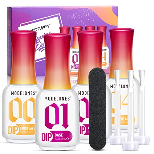 Modelones Dipping Powder Liquid Set Dip Powder Base Top Coat with Activator and Brushsaver 4pcs 0.5oz for Dip Powder Nail Kit Contains Nail Accessories Long-lasting and Shinning, No UV Lamp Needed.