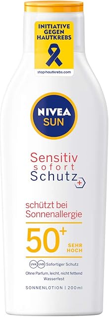 NIVEA Sun Sensitiv balsam do opalania natychmiastowy, 1 opakowanie (1 x 200 ml), balsam do opalania z SPF 50+ do skóry wrażliwej, wodoodporny ochrona przed słońcem w przypadku alergii na słońce