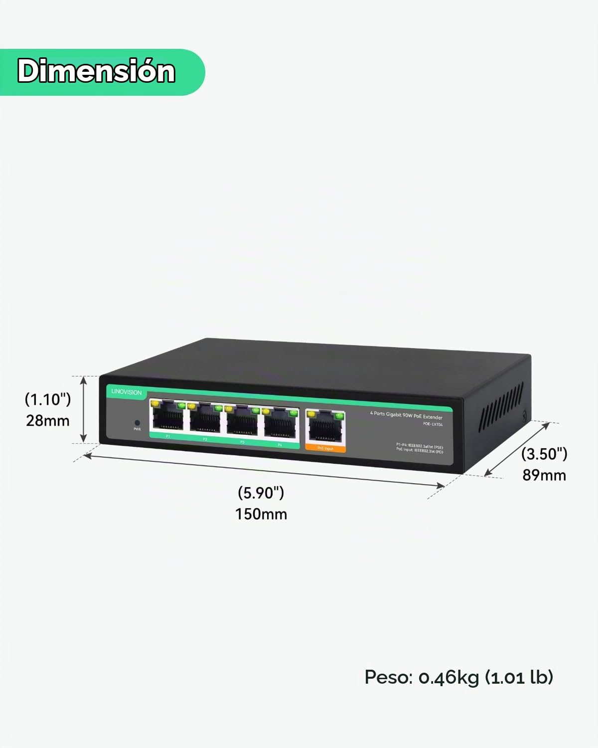 LINOVISION Extensor PoE Gigabit de 4 Puertos con Entrada PoE de 90W, Switch PoE IEEE802.3af/at, Repetidor PoE de 1 Entrada y 4 Salidas, Divisor PoE a 4 Dispositivos PoE como cámaras IP, teléfono IP