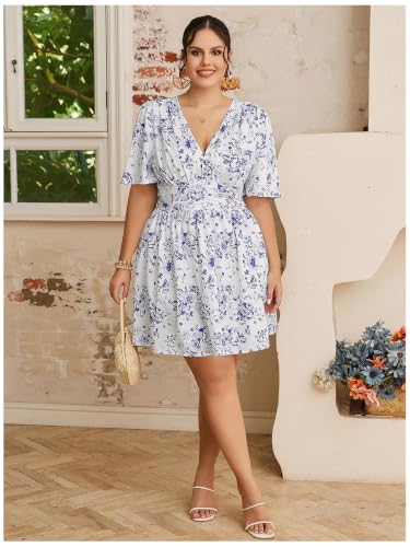 Image of Floerns Women's Plus Size Printed V Neck Short Sleeve Ruffle Hem Summer Short Dresses