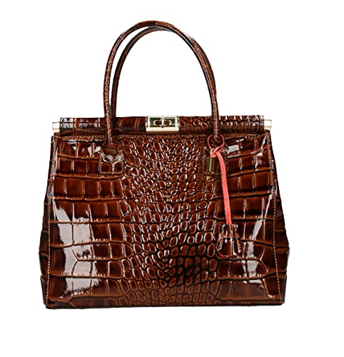  Chicca Borse Handbag Borsa a Mano da Donna con Tracolla in Vera Pelle Stampa Cocco Lucido Made in Italy 35x28x16 Cm (Cocco Lucido Cuoio)