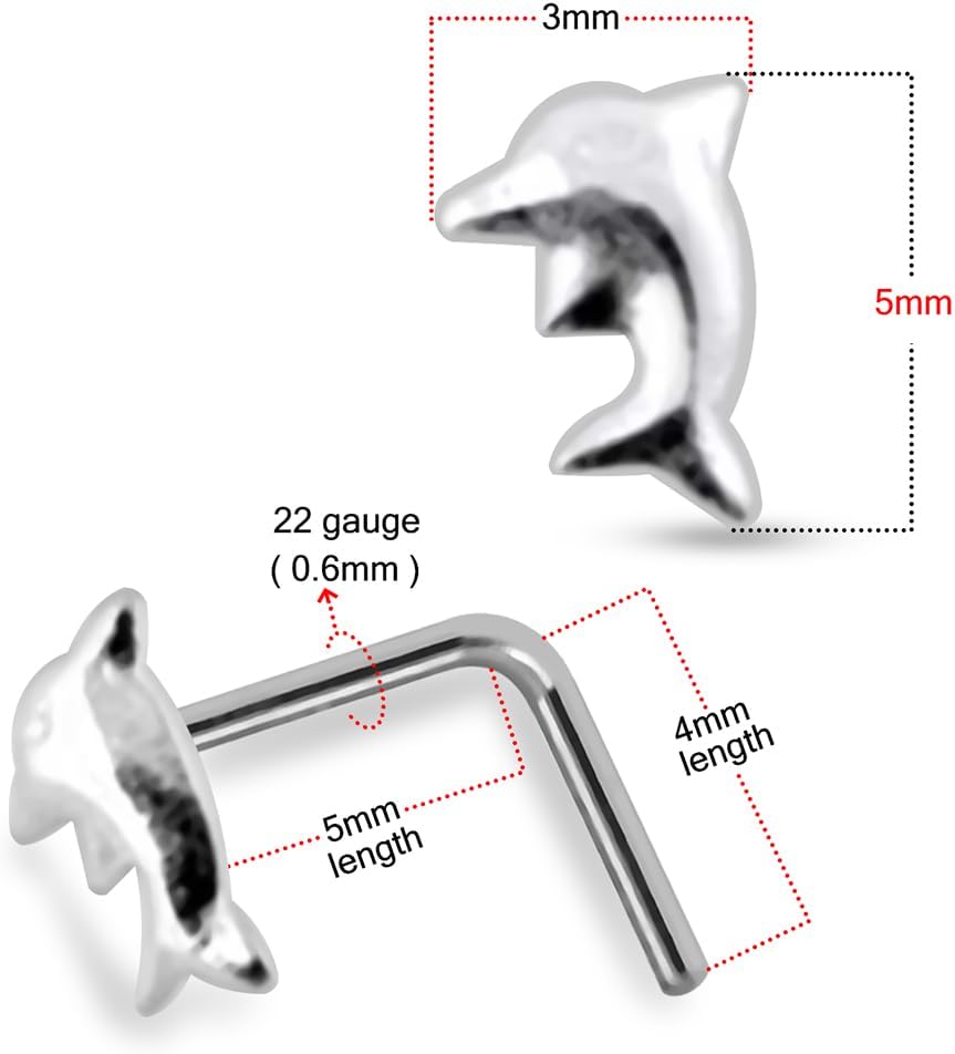 20 Pieces Box Set Plain Embossed Dolphin Design 22 Gauge 925 Sterling Silver Ball End, Straight End, L Shape Nose Stud - Nose Pin - Tiny Nose Ring - Nose Piercing Body Jewelry