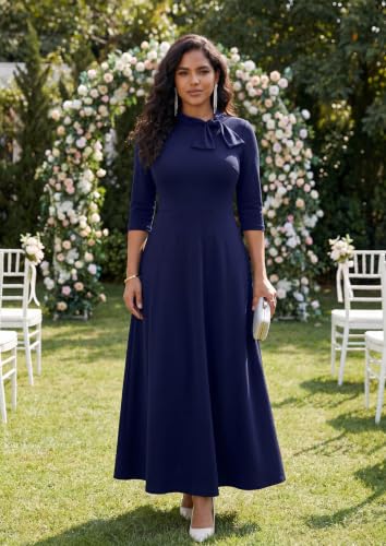 Image of FANDEE Maxi Long Dress Women, Church A Line Bow Tie Neck Casual Dresses | 3 /4 sleeve with pockets, tea party elegant wedding guest semi formal bridesmaid dress, m-3xl, machine wash