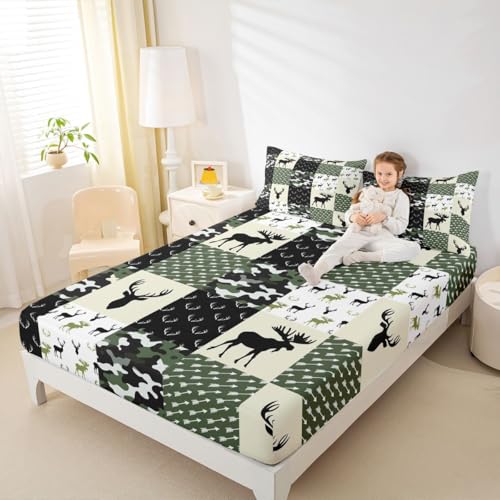 Army Green Camouflage Bedding Set, Camo Deer Silhouette Fitted Sheet for Kids Boys Teens Antlers Boho Arrows Bed Sheet Grid Militarily Fitted Bed Sheets 3 Pieces, Queen Size(No Top Sheet)