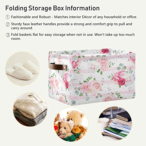 Djyqbfa Pink Rose Storage Basket Collapsible Storage Canvas Cube With Leather Handles Floral Flower Print Organizer Bin For Bethroom Shelf Closet Office Home, 1 Pc #TOP4