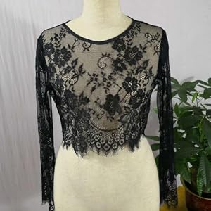 Durchsichtiges Netz-Top für Damen, Spitze, langärmelig, bauchfrei, durchsichtig, Damen-Shirt, sexy, Netz-T-Shirt, Damen, schwarz, weiß, Clubwear, Abend (XL Schwarz)