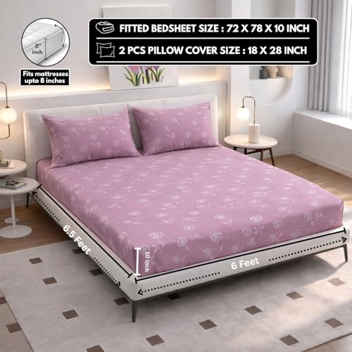 Image of Elastic Fitted King Size Bedsheet Cotton for Double Bed | 72 inchx78 inch +10 Inch, Floral, Soft & Breathable, Fade & Shrink Resistant, 2 Pillow Covers | Blush Petal Breeze, Mauve Pink