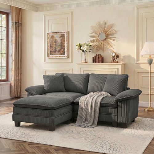 Image of PHI VILLA 87.5 inch Oversized Sectional Loveseat Sofa with 1 Movable Ottoman | Corduroy Grey, Wider Armrest, Comfy Deep Seat, Wood Frame, Modern Cloud Modular Couch for Living Room and Apartment