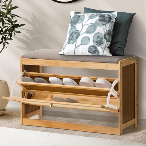 Oikiture Bamboo Shoe Bench with Flip Drawers 70 * 45 * 25cm