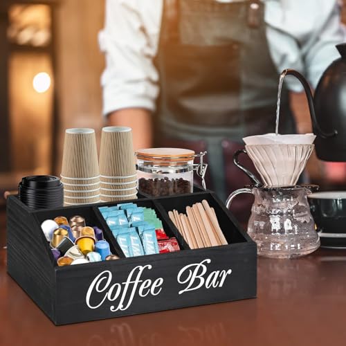 Black Wooden Coffee Station Organizer, 5 Compartment Countertop Coffee Pod Holder & Condiment Storage Basket, Multi-Functional Tea Organizer Bar Decor for Coffee Bar Accessories by DUUKFE - Image 2