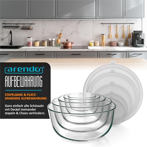 Arendo - Salatschüssel aus Glas mit Deckel - Glasschüssel 5er Set - 1000ml + 1500ml + 2000ml + 2700ml + 4400ml – Rührschüsseln klein bis groß – Borosilikatglas - Glasschale Salatglasschale 3