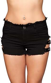 Denim Shorts with Belt Buckle Side Details and Faux Back