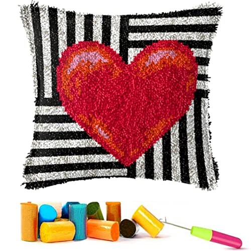 Image of EMISTEM Latch Hook Kits for Adults - Latch Hook Pillow Kits, Crochet Yarn Kit for Beginners, DIY Needlework Crafts Cover Case with Printed Canvas, Gift Packaging. (Red Love,17x17 inch)