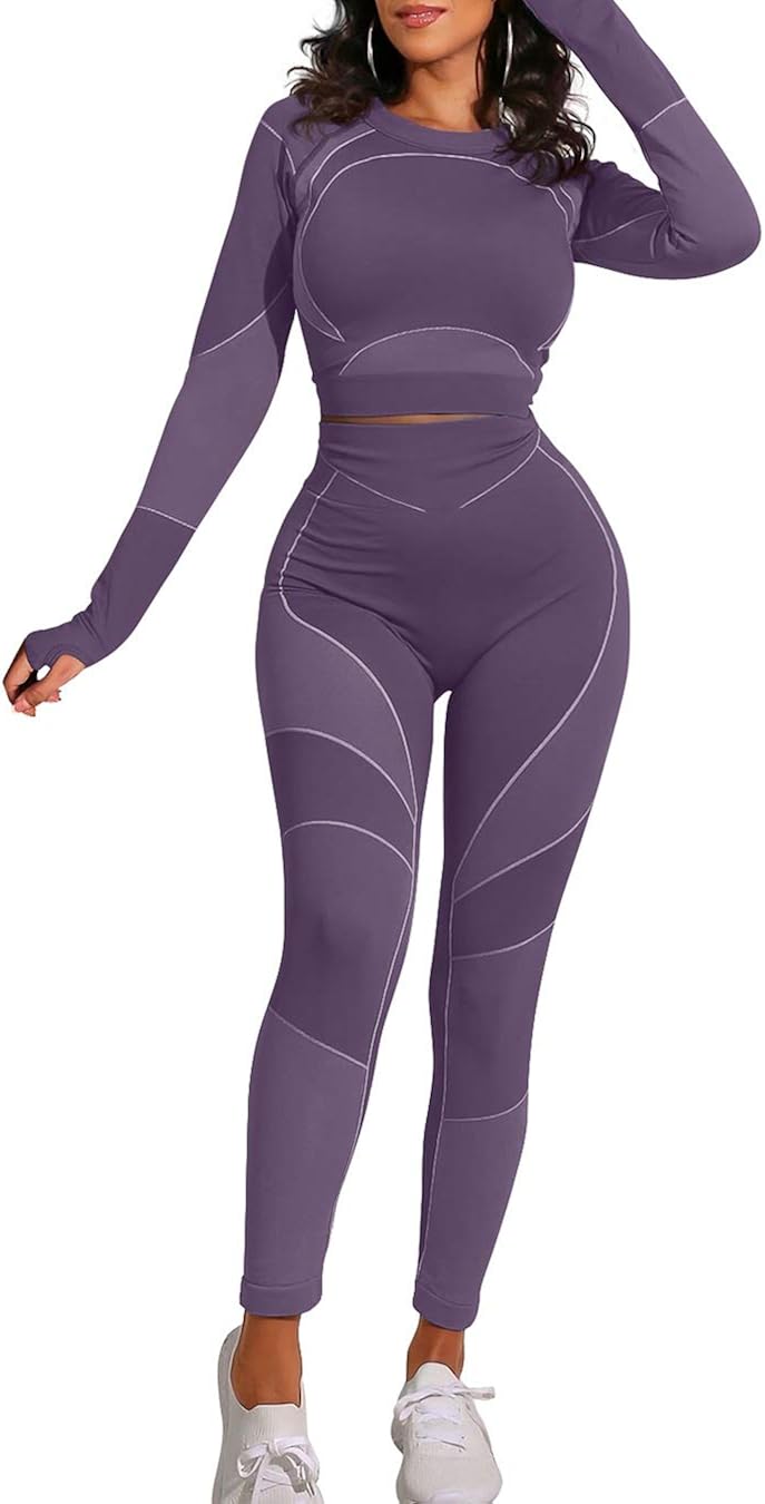 OYS Workout Sets for Women 2 Piece Outfits Seamless High Waist Yoga Leggings Running Sports Long Sleeve Gym Clothes