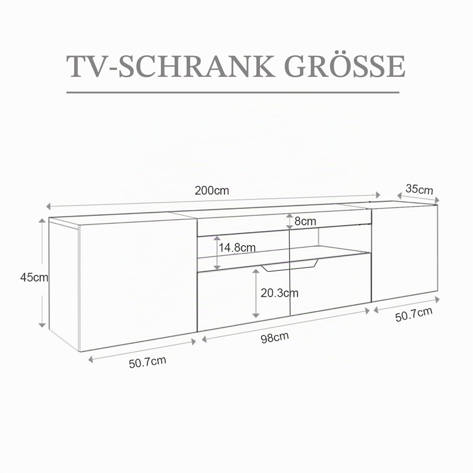 Hochglanz TV Schrank 200 cm mit 16 LED Farben – Modernes TV Lowboard für 65–85 Zoll Fernseher, TV Möbel mit 2 Schubladen & Schränken, Griffloses TV Board für Wohnzimmer (Weiß)