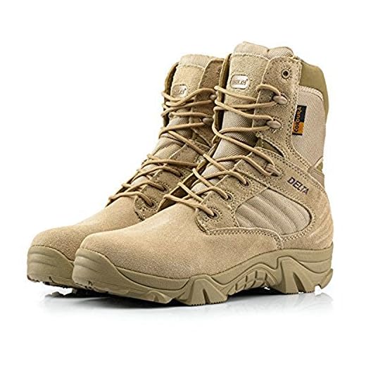 ATAIRSOFT Hombres Ejército Militar Táctico Deportes al Aire Libre Camping Senderismo Trabajo de Combate Cordones Transpirable Alto Top Cremallera Lateral Desierto Zapatos de Cuero Botas DE Tan Khaki