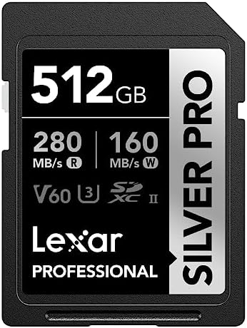 Lexar SILVER PRO SD Card 512GB, UHS-II SD Memory Card, V60, U3, C10, Up to 280MB/s Read, 160MB/s Write, SDXC Card for DSLR/Camera/Professional Photographer/Videographer/Enthusiast (LSDSIPR512G-BNNAA)