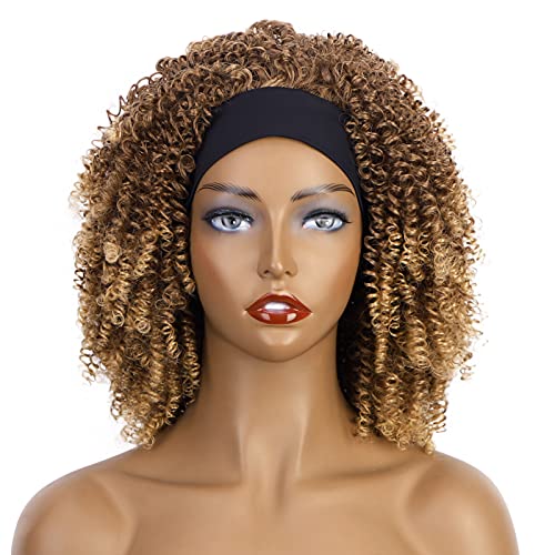ENTRANCED STYLES Ombre Blonde Kinky Curly Headband Wigs for Black Women, Curly Wig with Headband Attached Heat Resistant Synthetic Wig Daily Party Wigs for Women