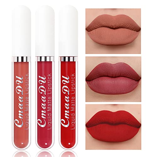 ETEDES 3 Pcs Matte Liquid Lipstick Makeup Set, Matte liquid Long-Lasting Wear Non-Stick Cup Not Fade Waterproof Lip Gloss,0.08 fl oz#1