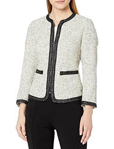 Anne Klein Women's Collarless Jacket with Braided Trim, Anne White/Anne Black, 8
