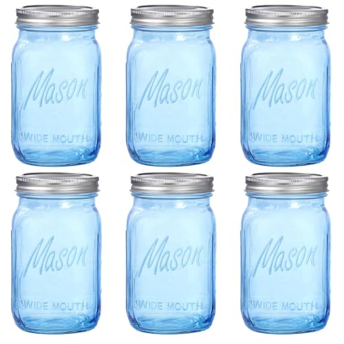 WELLIFE Mason Jars 32 oz Blue Glass Jars Wide Mouth Mason Jars with Lids