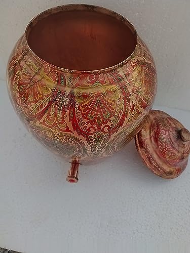 Image of Indian Art Villa Printed Leaf Design Copper Water Dispenser Pot Matka, Storage, Home Kitchen Garden, 13 LTR