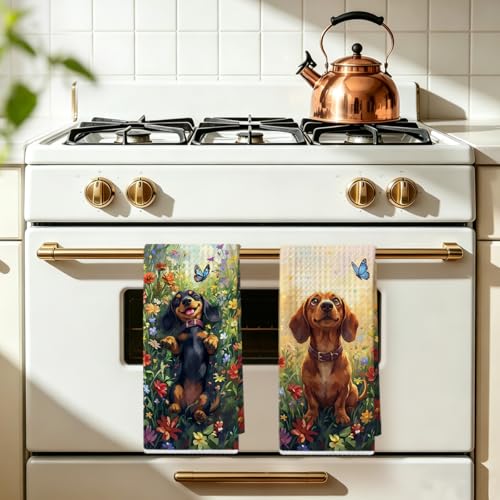 Image of 2 Pcs Cute Dachshund Floral Kitchen Towels 24x14 Inch, Floral Dachshund Gifts Reusable Dish Towels for Kitchen Bathroom Decor, Waffle Weave Absorbent Tea Towel, Weiner Dog Gifts for Women Mom Friend