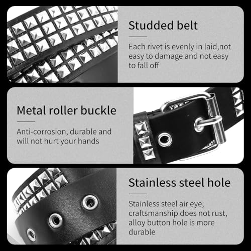 2 Pcs Black Studded Belt, Y2K Belt Goth EMO Punk Rock with Bright Pyramid Studded Rivet for Women Men (White Black)4