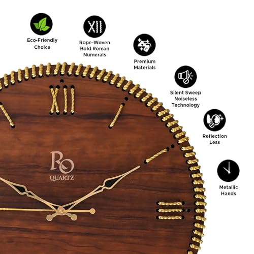 Image of Wooden Round Shape Roman Dial Analog Clock with Golden Hand and Golden Zari Rope Detailing | Stylish Silent Quartz Movement Anti Reflection Wall Clock for Home & Office (Brown, 15.5 inch)