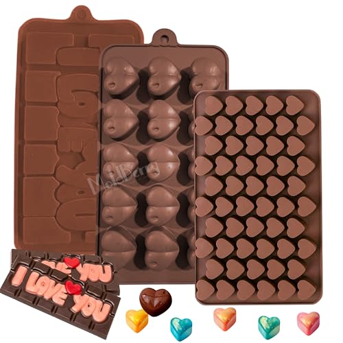 Image of MoldBerry Silicone Chocolate Mould Combo of 3 | Valentine Special Chocolate Bar Mold + 15 Cavity Heart + 55 Mini Heart Shape Tray | for DIY Chocolate, Candy & Jelly Making