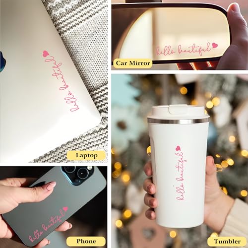 Image of Girly Car Accessories for Women, Valentine Stickers, Pink Car Stickers and Decals - 3Pcs Pink Heart Hello Beautiful Rearview Mirror Decal, Cute Car Decorations, Stickers for Window, Laptops, Bottles