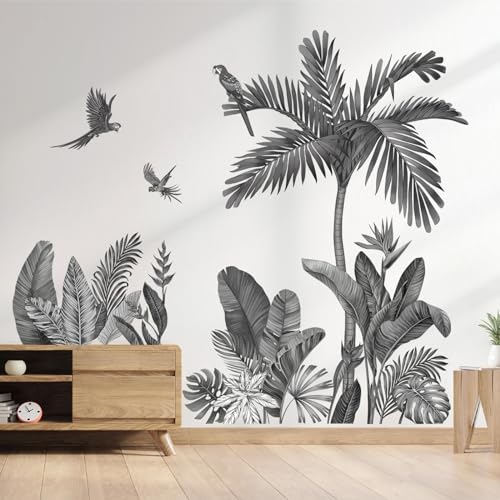 decalmile Stickers Muraux Palmier Noir Arbre Grand Autocollant Mural Feuilles Tropicale Plantes Oiseaux Décoration Murale Chambre à Coucher Salon Bureau