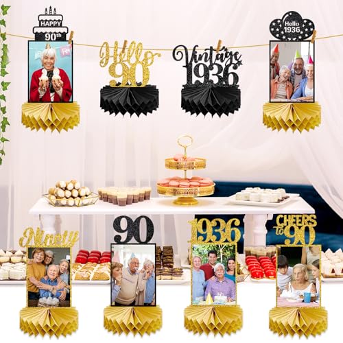Image of Eucutur 8Pcs 90th Birthday Decorations Honeycomb Centerpieces for Women Men, Black Gold Vintage 1936 90th Bday Photo Table Centerpieces Party Supplies, Glitter Cheers to 90 Year Old Bday Table Topper